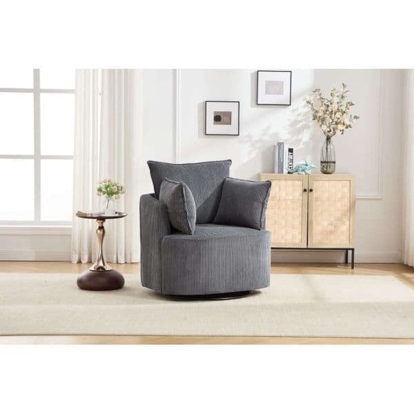 Grey Accent Chair,Round Swivel Barrel Chair,Armchair Upholstered Living Room Corduroy Reading Single Sofa Chair for Bedroom Apartment Office