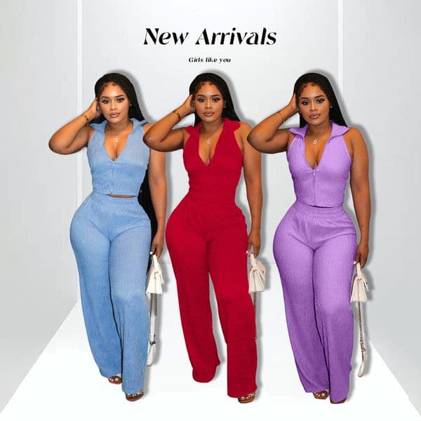 M3084 Womens Summer Sleeveless Top Pleated Casual Pants Set