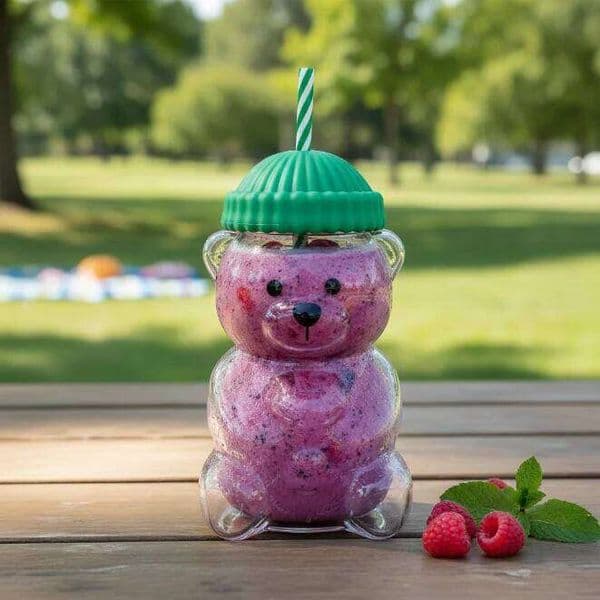 590ml Bear Shape Coffee Milk Beer Water Bottle Straw Glass Cups With Lid Cute Cartoon Creative Juice Cup New Year Decor 2025 L260601