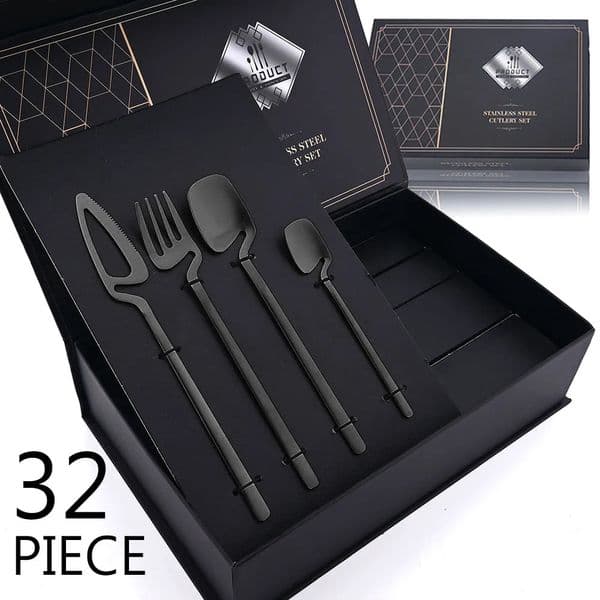 32pcs Black Matte Cutlery Set 304 Stainless Steel Dinnerware Set Knife Fork Spoon Dinner Set Bar Party Kitchen Tableware Gift 260306