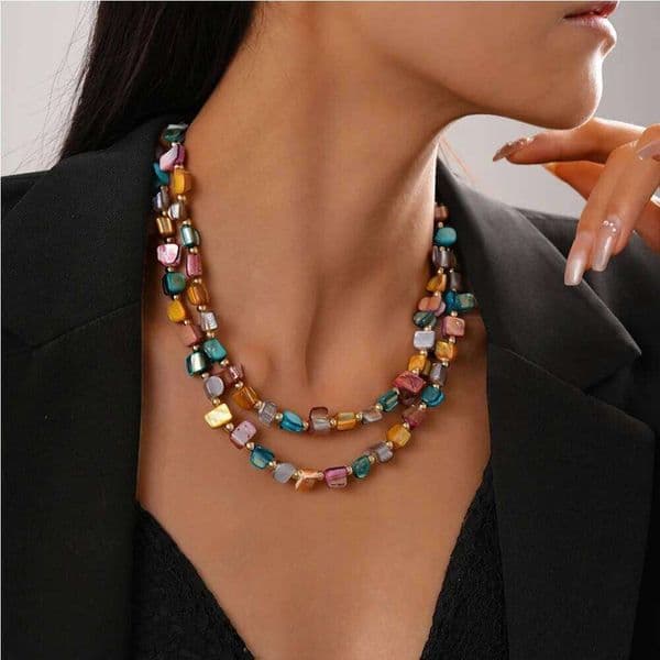 Bohemian Irregular Double Layer Imitation Shell Beads Necklace For Women Retro Mixed Color Choker Fashion Party Jewelry Accessor