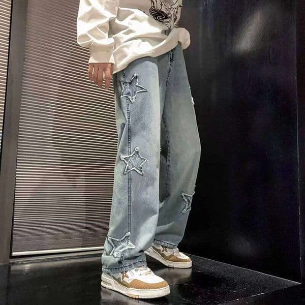 Star Embroidery Straight Casual Men Jeans Gothic Neutral New Wide Leg Loose Hip-hop Fashion Youth Streetwear Denim Trousers Y2K 26Y0312
