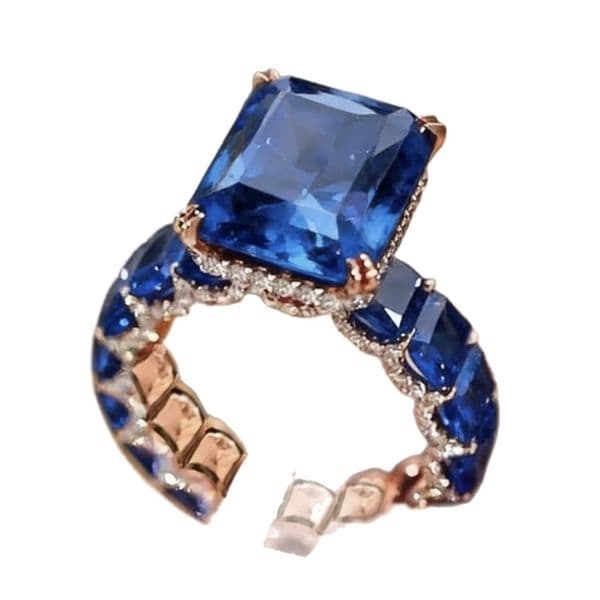 18k Rose Gold Plated Giant Sapphire Ladies Open Ring blue crystal White Zircon Ring With Sterling