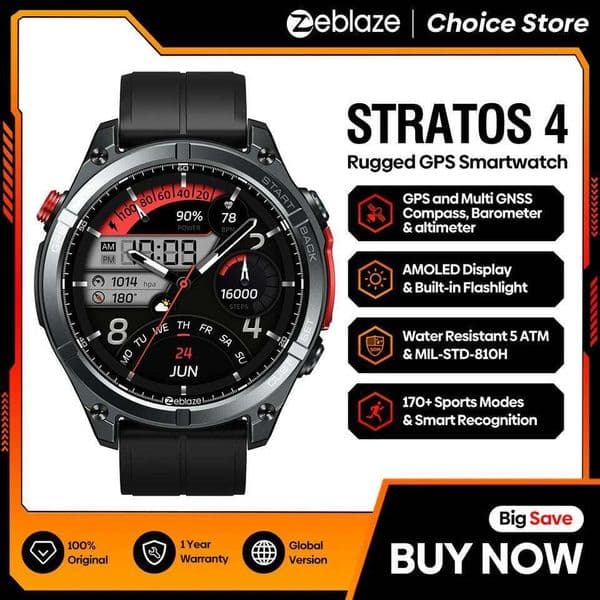 NEW Zeblaze Stratos 4 GPS Smartwatch 1.43" AMOLED Screen Compass Barometric Altimeter Flashlight Voice Calling Smart Watch 26Y0312