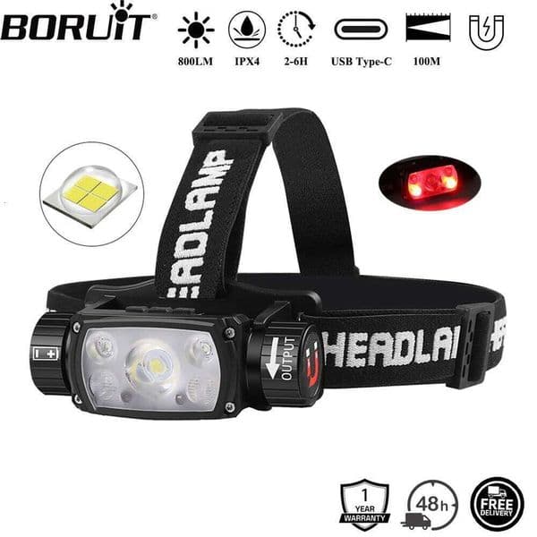 BORUiT XHP50 LED Motion Sensor Headlamp 800LM Type-C Rechargeable Power Bank Headlight with Magnet Camping Fishing Lantern 26W0312