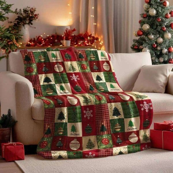 Christmas Flannel Blanket Throw Red Green Checkered Tree Blankets Couch Sofa Bed Lounging Gifts for Kids Adults Wife Self S26