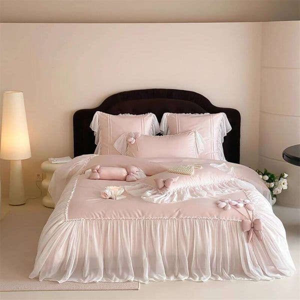 Flowers Bow Lace Ruffles Princess Wedding Bedding Set 1000TC Egyptian Cotton Duvet Cover Flat/Fitted Bed Sheet Pillowcases 4Pcs H260312