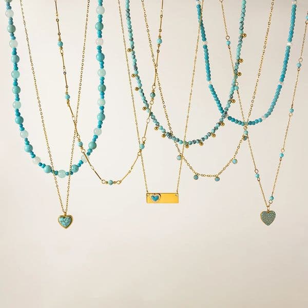 Zora Y2K Trendy Heart-Shape Pendant Blue Turquoise Bead Necklace Waterproof 18K Gold Color Plated Stainless Steel Jewelry Party 260303