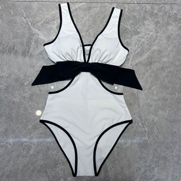 Women Elegant Bowknot Swimsuit Fashion Hollow Out Swimwear Deep V Neck Swimsuits Hot Spring Bathing Suit