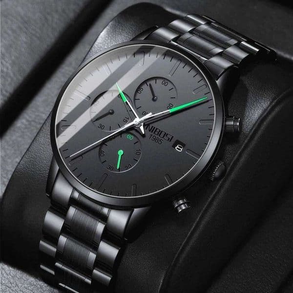 NIBOSI Men's Analog Minimalist Black Dial for Men Business Chronograph Military Stainless Steel Wrist Watches