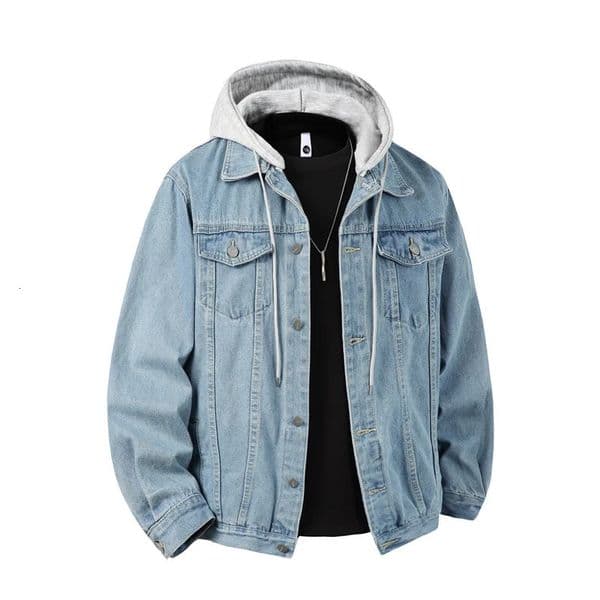 Autumn Winter Hooded Denim Jackets Men Casual Streetwear Outerwear Solid Color Loose Couple Denim Coats Hat Detachable Jacket 260304