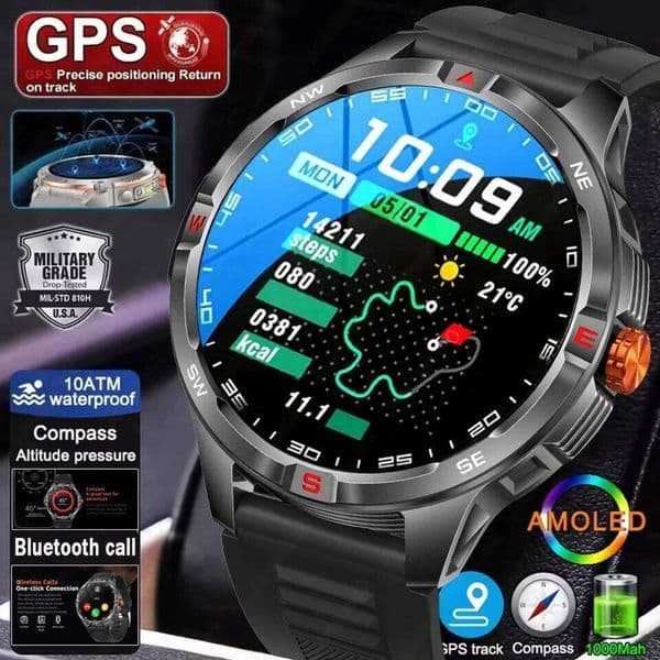 GPS Outdoor Military Men's Smart Watch 5ATM Waterproof Sports 1000 Battery Compass Health Monitoring Call Smartwatches 26Y0312