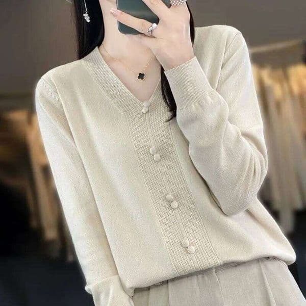 Fashion V Neck Button Detail Knit Sweater Versatile Long Sleeve Pullover Top Z260312