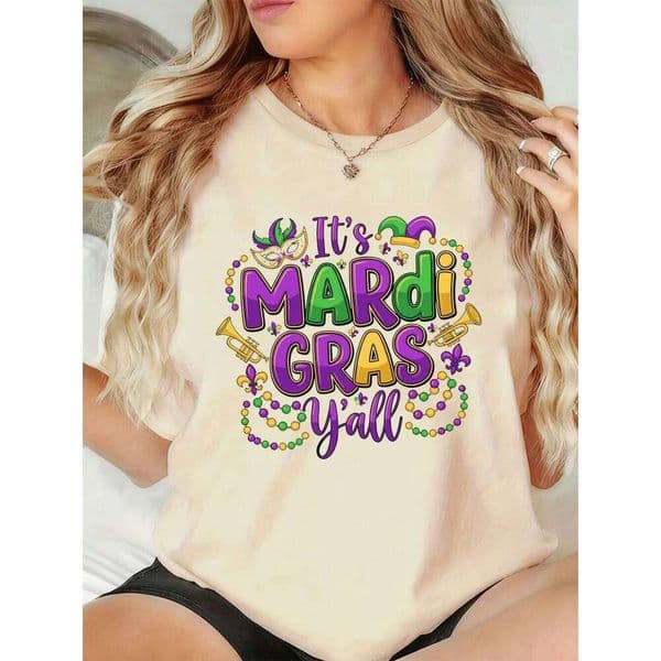 Carnivals It'S Mardi Gras Yall Prints T-Shirt Womens Summer Basic T Shirts Soft Loose Short Sleeve Tops Casual O-Neck Clothes Z260312