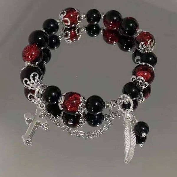 Chinese Style Red Crystal Feather Cross Pendant For Girls Women Vintage Elastic Beaded Chain Bracelet Jewelry Gifts
