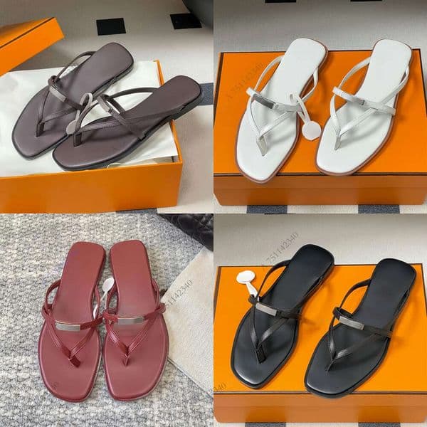 Fashion new real Leather Silver buttons flats slipper Flip-flops beach sandals Luxury Designer slides for womens Summer Walking shoes Superior quality top