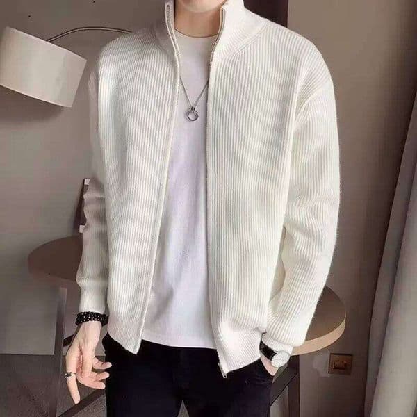 Autumn and winter versatile solid color zipper cardigan knitted popular slim fit sweater jacket men's stand up col