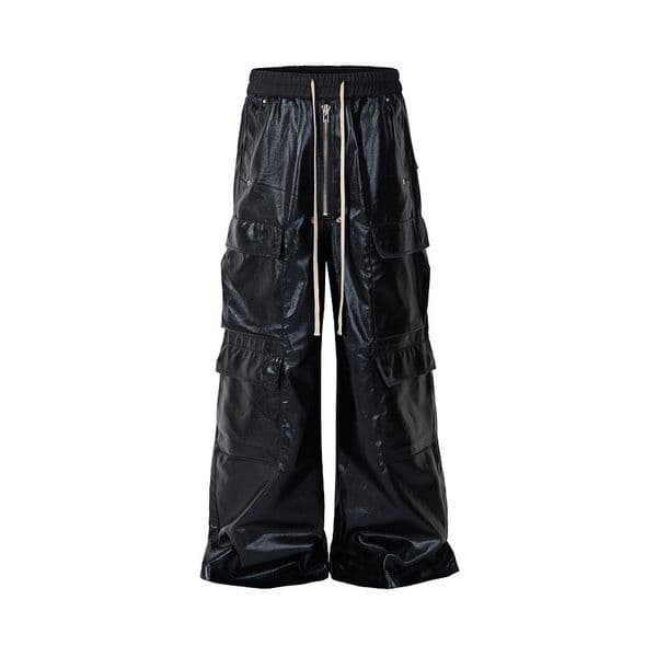 Men's Pants RO Style Metal Coated Waxed Matte Finish Multi-Pocket Cargo Straight Leg Drawstring Flared Wide Leg Floor Length Casual Streetwear Pants