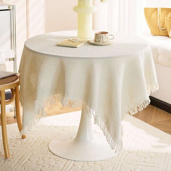 French-Style Ins-Inspired Cotton-Linen Pastoral Coffee Cloth, Bedside Cover, Vintage Tassel Round Table Dining Tablecloth,