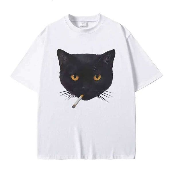 Fashionable and interesting black cat smoking print T-shirt for men 100% cotton casual T-shirt, high-quality streetwear T260312