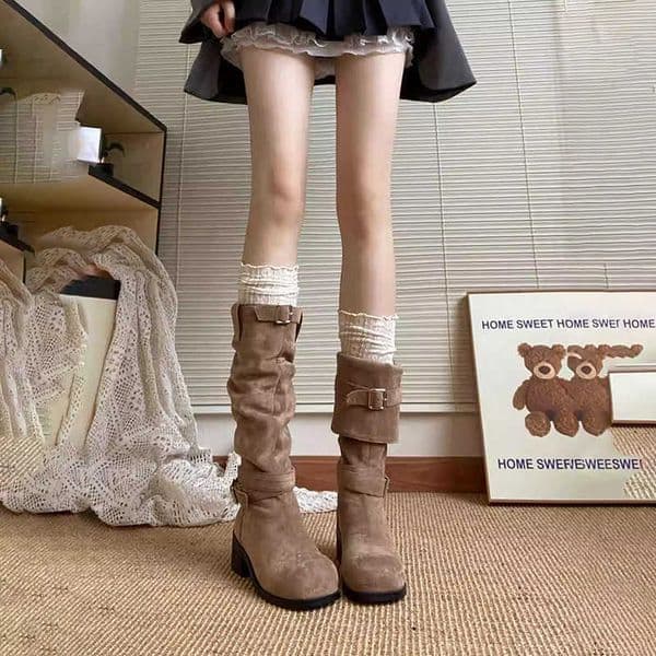 2025 New Autumn Womens Boots for Skirts Thick-Soled Mid-Calf Brown Stacky Long Boots Maillard Boots S260311