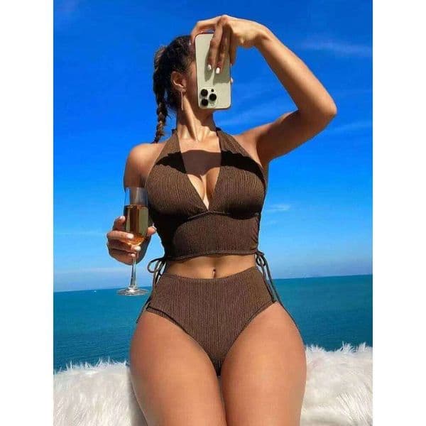 2025 Summer Women's Solid Color Halter Neck Two-Piece Swimwear Quick-Dry Swimsuit Holiday Corset Bikini Set Beachwear J260312