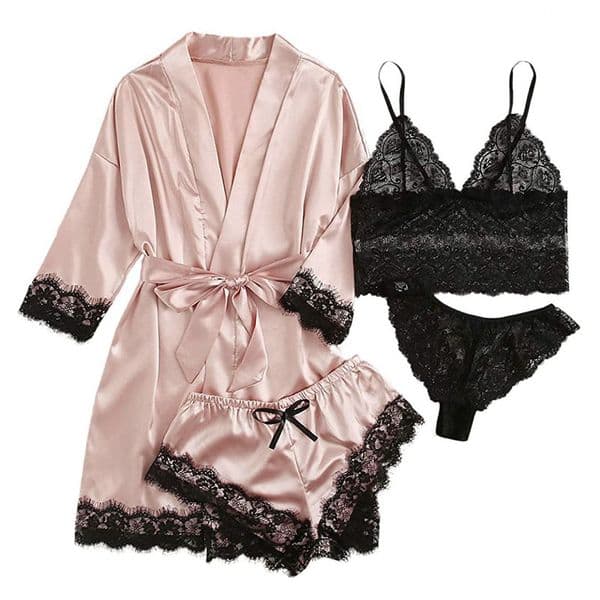 2026 New New European Luxury V Neck Pajama With Lace Satin Suspender Five Quarter Sleeve Nightgown Four Piece Set Wholesale Free Shipping Fr
