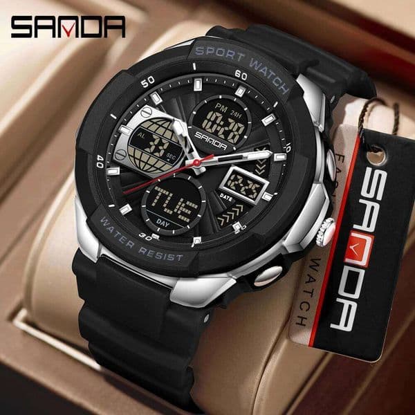 SANDA 6298 brand casual men's sports backlight 50M anti student alarm clock dual display digital watch 2026