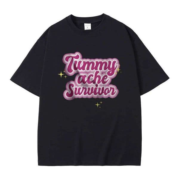 Tummy Ache Survivor Graphic Print T-shirt Male Meme Oversized Cotton T Shirts Men Women's Casual Funny Vintage Short Sleeve Tees S26