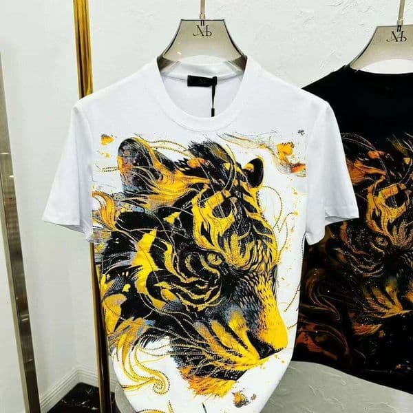 Luxury Trendy Brand 2026 Men's New Early Spring Tiger Head Rhinestone Print Slim Fit Round Neck Short Sleeve Casual T-Shirt