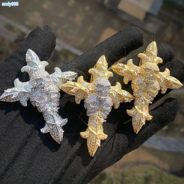 Gold Plated Cubic MoissaniteVVSia Fully Iced Out S925 Metal 3D Skull Flower Cross Charm Rich Necklace Pendant