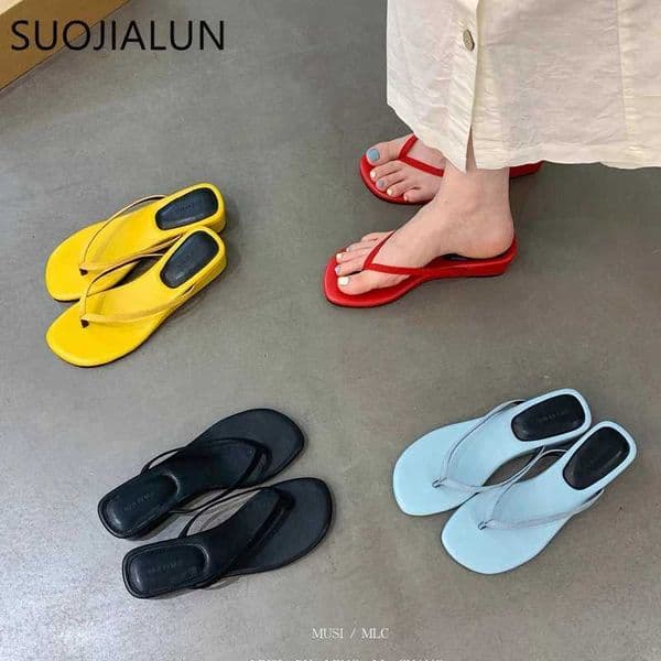 SUOJIALUN 2025 Summer New Women Slipper Fashion Narrow Band Ladies Elegant Outdoor Dress Slides Low Wedge Heel Flip Flops K260312