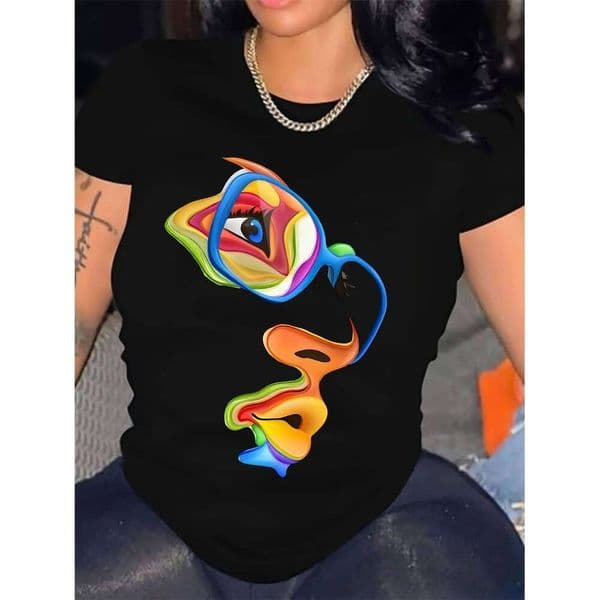 Women's Abstract Art Face Print Crew Neck T-Shirt Casual Trendy Top for Spring Summer Fashion Wear S26