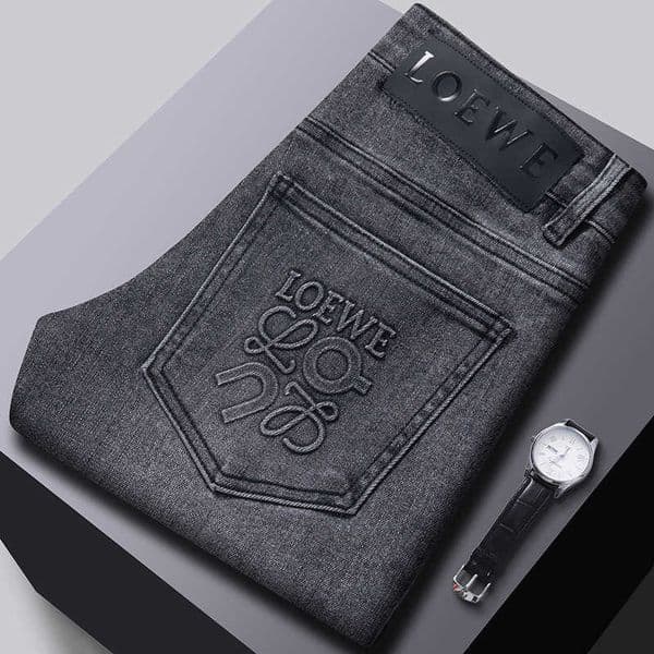 Gray Black And Jeans For Men With Iron-On Design Trendy Brand Print Slim Fit Straight-Leg Casual European Style Mens Long Pants