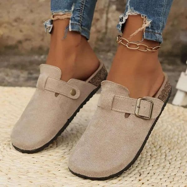 Designer Slippers Women's Solid Color Mules Round Suede Clog Sandal Casual Closed Toe Slip On Buckle Strap Design Vintage Flat Ladies Shoes