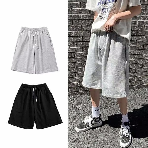 Summer Y2K Solid Color Cotton Loose Mens Sports Pants Shorts Street Wear Simple Drawstring Straight Casual Shorts Male 260305