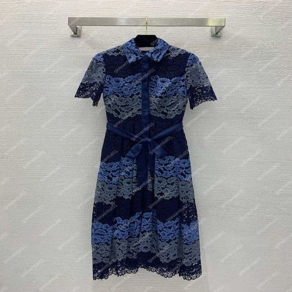 designer dresses for women Color-block soft lace fabric fashion summer slim-fit lapel short sleeves Big skirt hem dress luxury party dresses for women