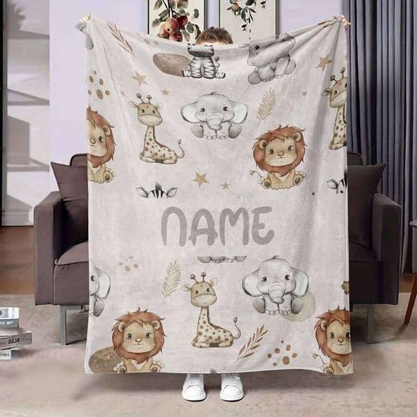 Customized digital printed flannel blanket, simple and cute animal series, name customization, holiday gift, office living room L260601