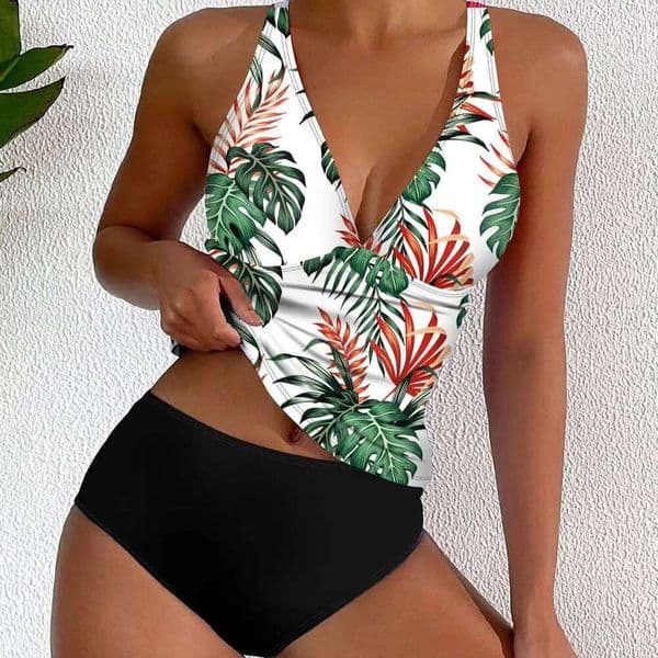 2025 Sexy Deep V Bikini Set Strappy Halter Swim Top & High Waist Panties Women's Printed Two Piece Swimsuit Beach Bathing Suit J260312