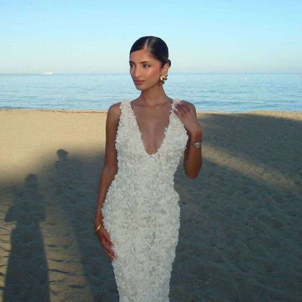 Mingmingxi Elegant Flower Applique Party Dresses 2024 New Arrivals V Neck Bodycon Mesh Sexy Long Maxi Dress Women C260311