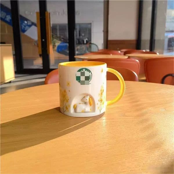 Starbucks 12 OZ Ceramic Coffee Mug Yellow Handle Cute Dog Relief Cup Floral Milk Tea Mug Collectible Gift Cup