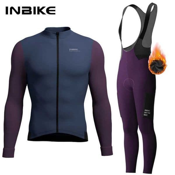 INBIKE Winter Cycling Clothing for Men Fleece Cycling Sets Long Sleeve Jersey with Pockets Long Bicycle Bib Pants for Road Bikes H260312