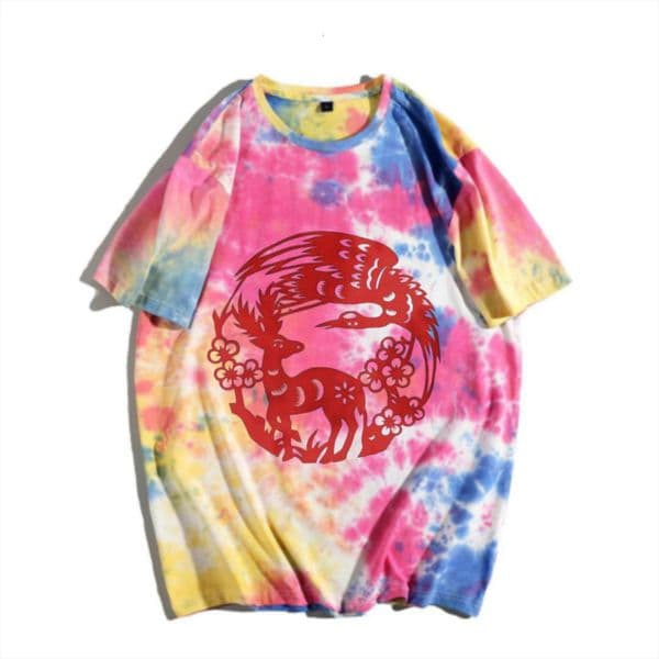 China-Chic New Chinese Style Deer Crane Spring Paper Cuttings Tie Dyed Short Sleeve T-shirt Rainbow Gradual Change Traditional Auspicious Pattern Print
