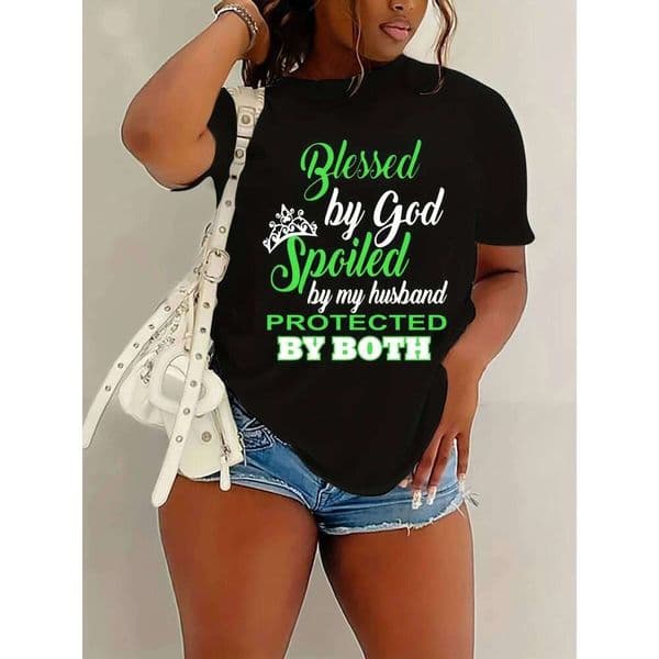 "Blessed God, Spoiled By My Husband" Print Women'S Casual Graphic Tee 2026 New Short Sleeve Round Neck Summer Funny T-Shirt Z260312