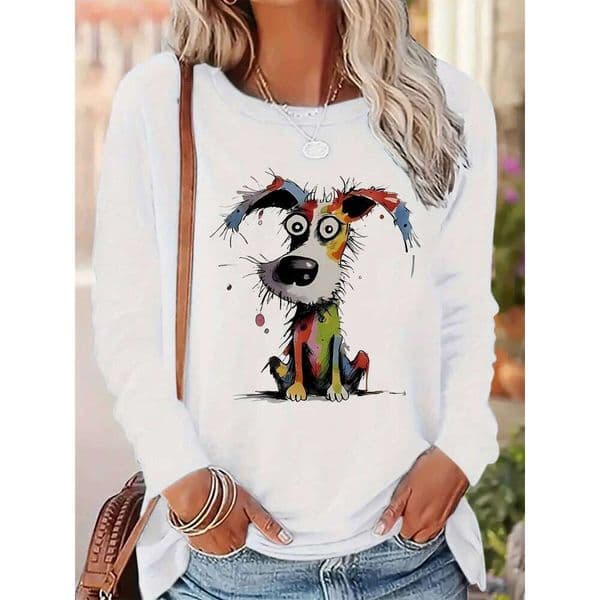Women's autumn and winter 100% pure cotton fashionable casual painted cute dog print round neck long sleeved T-shirt top Z260312