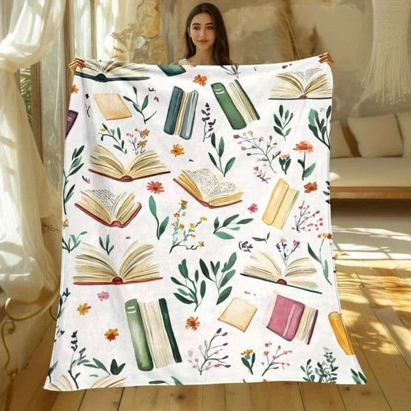 Book Flower Pattern Reading Lover Blanket Soft Flannel Throw Literary Gift Home Study Decor Educational Theme S26