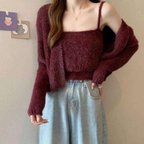 2025 Autumn New Imitation Mink Suspender Cardigan Solid Color Simple Versatile Two-piece Set Women's Long-sleeved Knitted Top Z260313