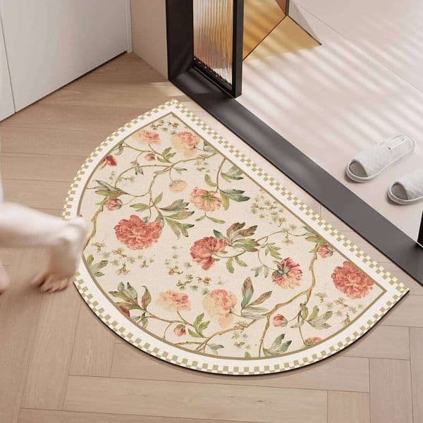 Rubber bathroom anti-slip water-absorbing and quick-drying mat, half circular floral printed floor mat 26H0313