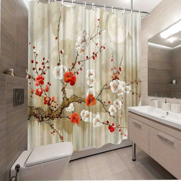 Charming Plum Blossom Moon Shower Curtain - Waterproof Mildew-Resistant with Elegant Floral Design for Serene Bathroom Decor S260312