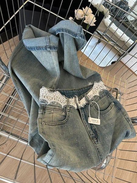 Women's Jeans Lace Waist Small Rhinestone Design For Women 2026 Summer High Straight Loose-Fitting Wide-Leg Trousers